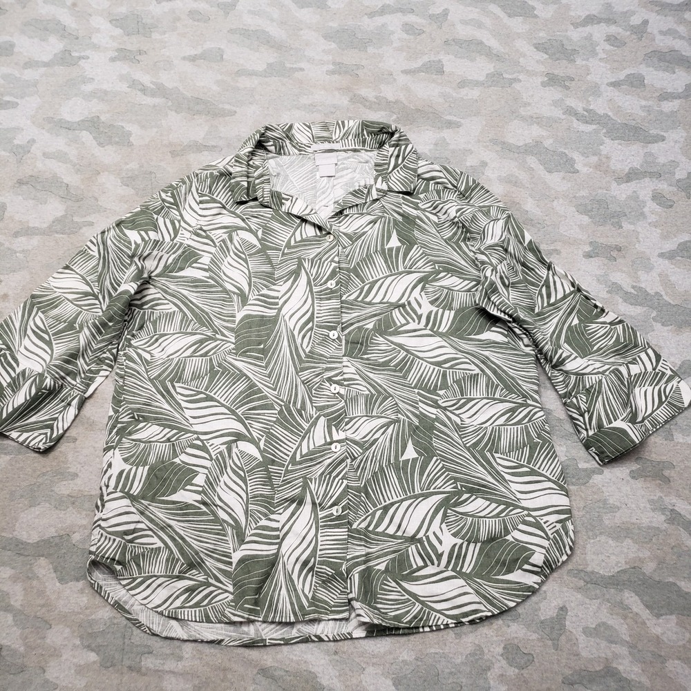 Chico's Top Womens 2 Green 100%‎ Linen 3/4 Sleeve Button-Up Geo Print